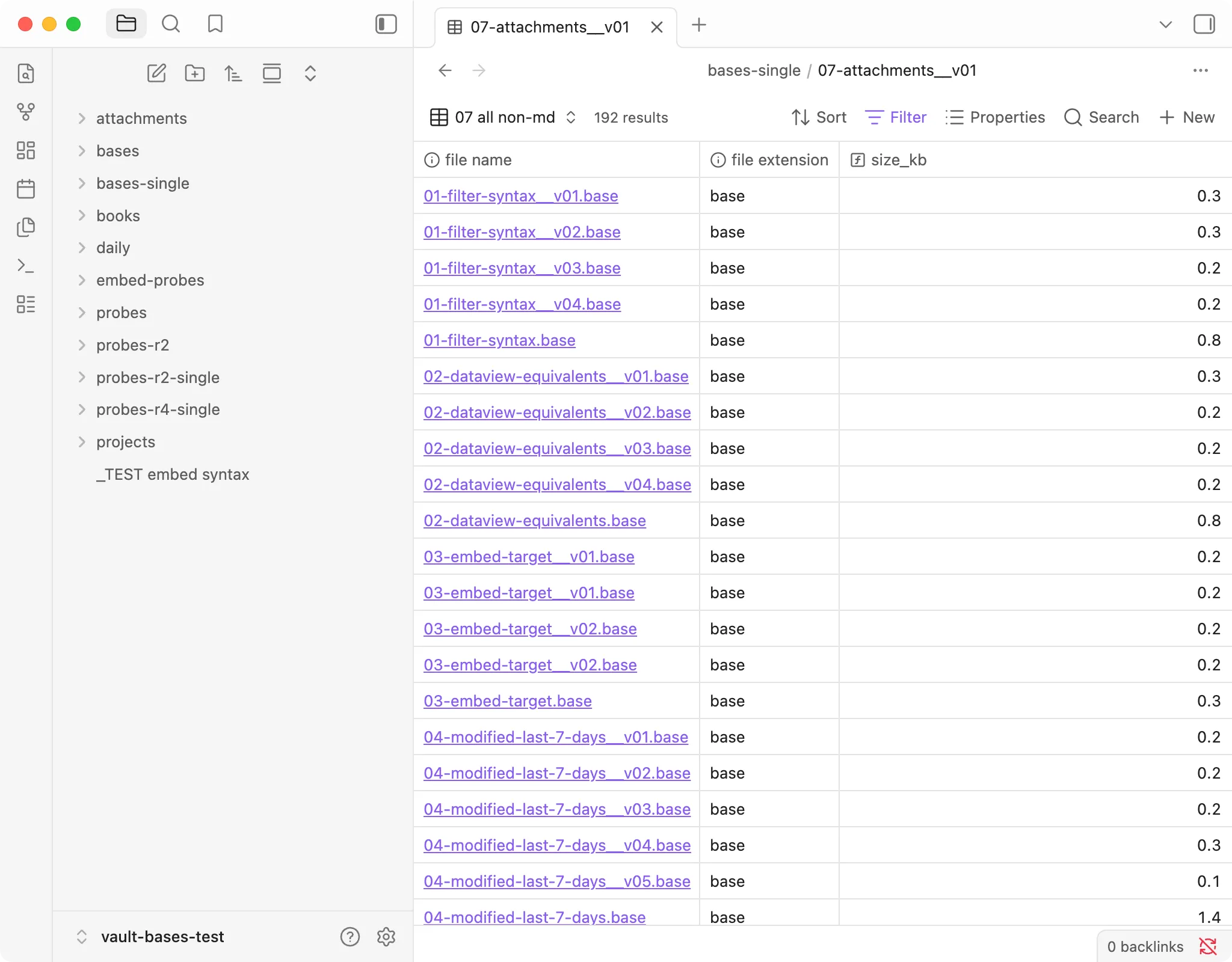 An Obsidian Bases table view named "07 all non-md" with the filter file.ext != "md". The toolbar says "192 results", and the first rows are all .base files, not attachments.