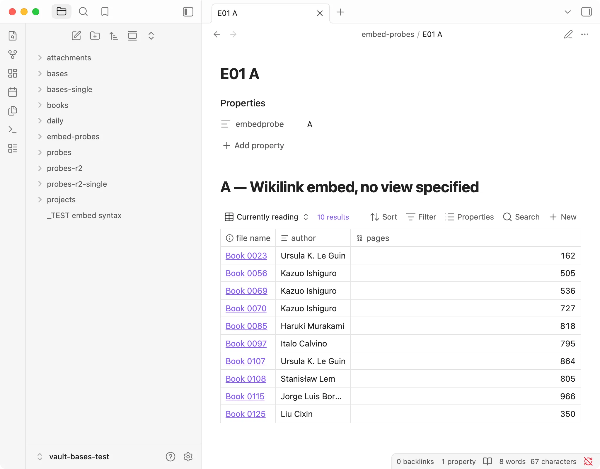 A note in Obsidian containing an embedded base. The embed shows the first view, "Currently reading", with the full toolbar (Sort, Filter, Properties, Search, New) and "10 results".
