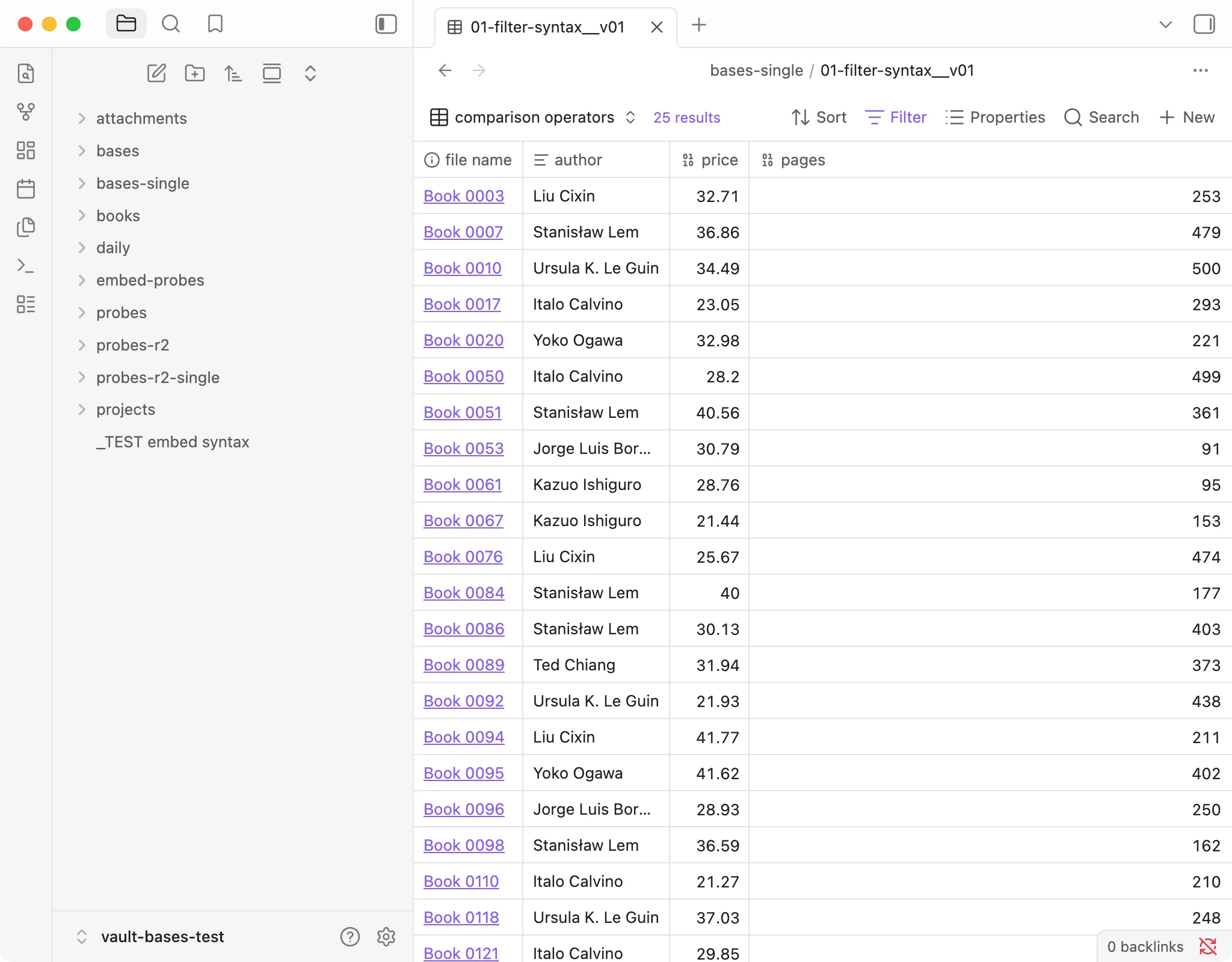 An Obsidian Bases table view named "comparison operators". The toolbar says "25 results". The filter is note.price > 20 and note.pages <= 500, which matches 146 books.