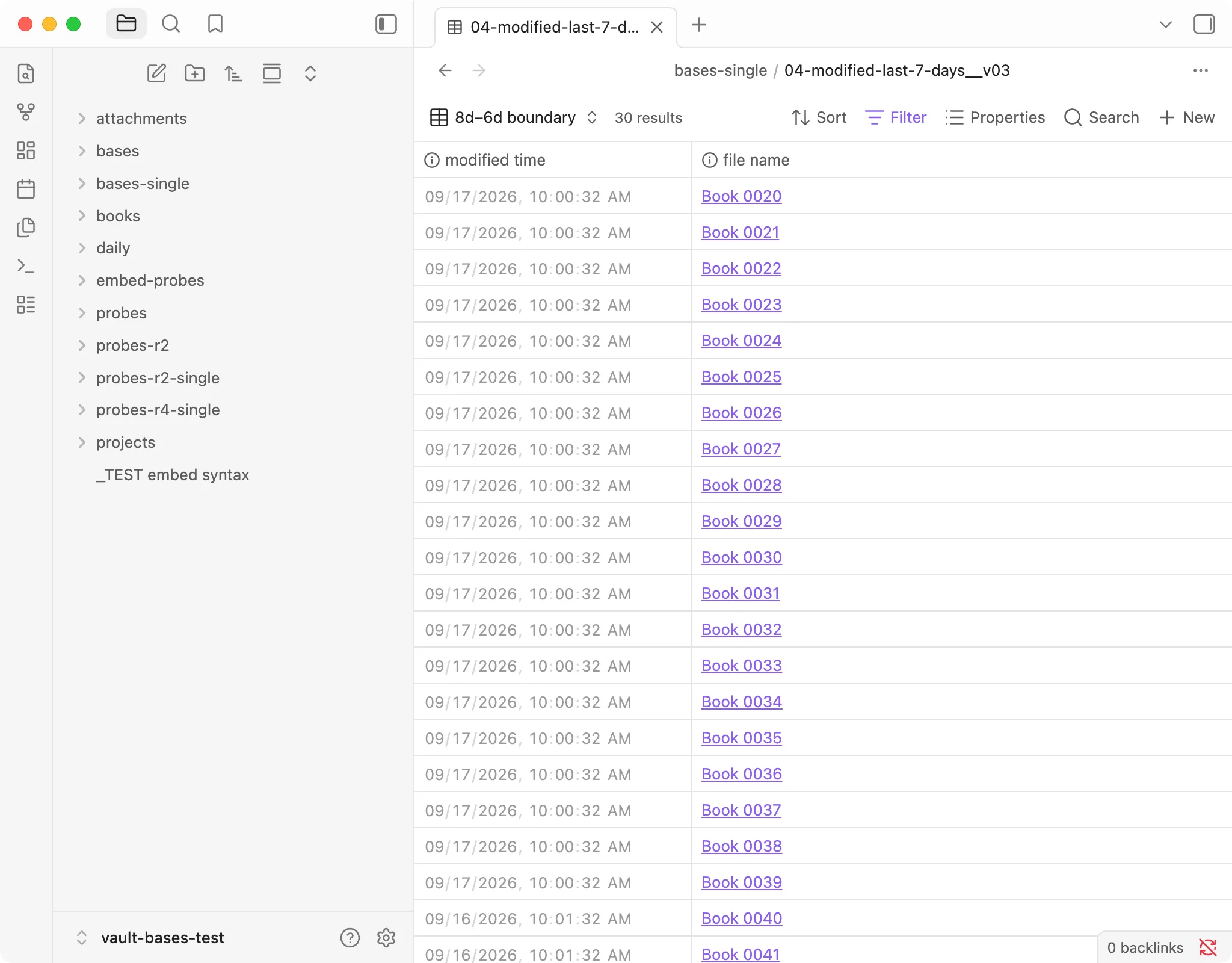An Obsidian Bases table view named "8d–6d boundary". The toolbar says "30 results". The modified time column shows files from 09/17/2026 10:00:32 AM and 09/16/2026 10:01:32 AM.